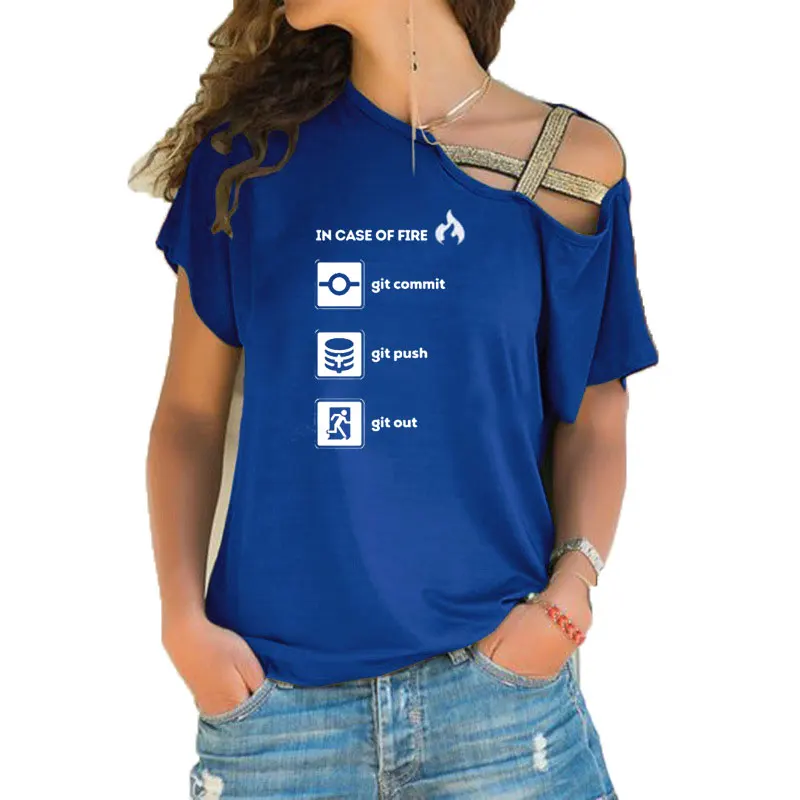 Programmer Shirt- In Case of Fire Git Commit Push Out T Shirt Women Short Sleeve T-shirt Irregular Skew Cross Bandage Tee Tops