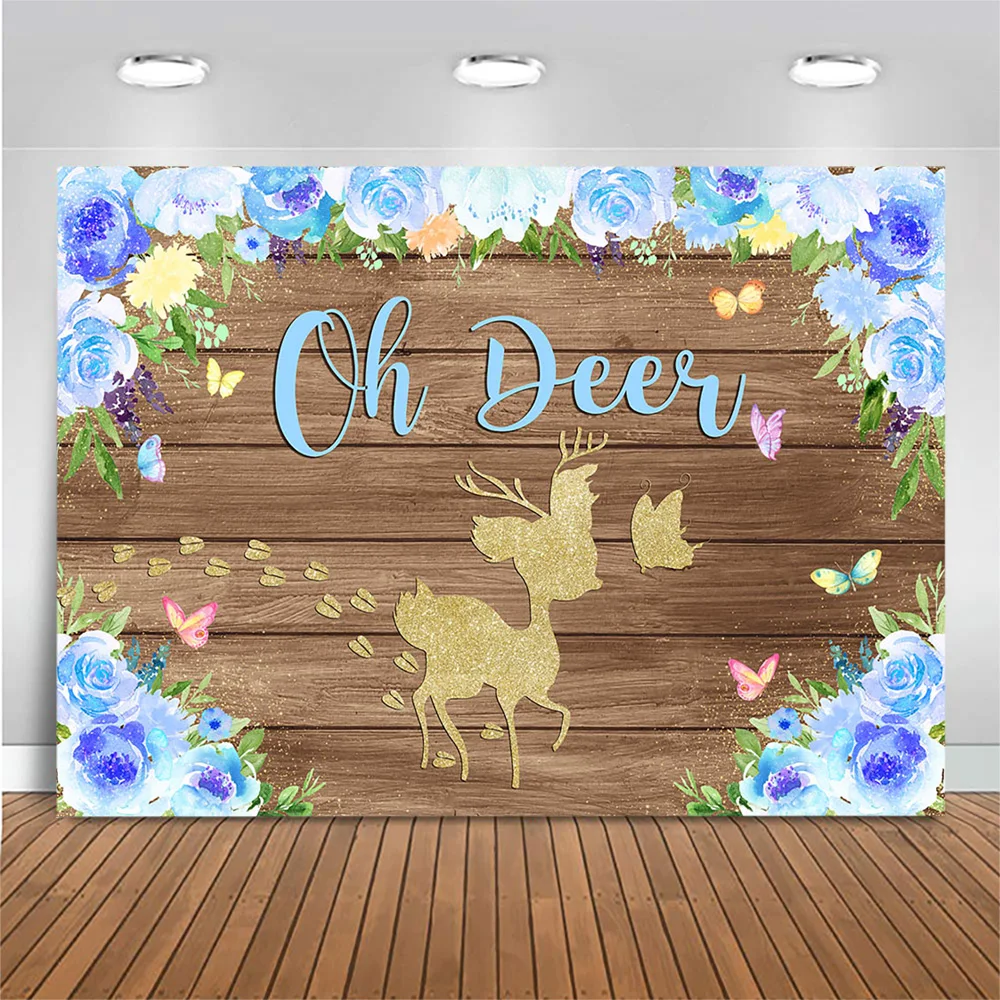 

Mocsicka Oh Deer Newborn Baby Shower Backdrop for Photography Golden Deer Wood Photo Background Photo Studio Blue Pink Flowers