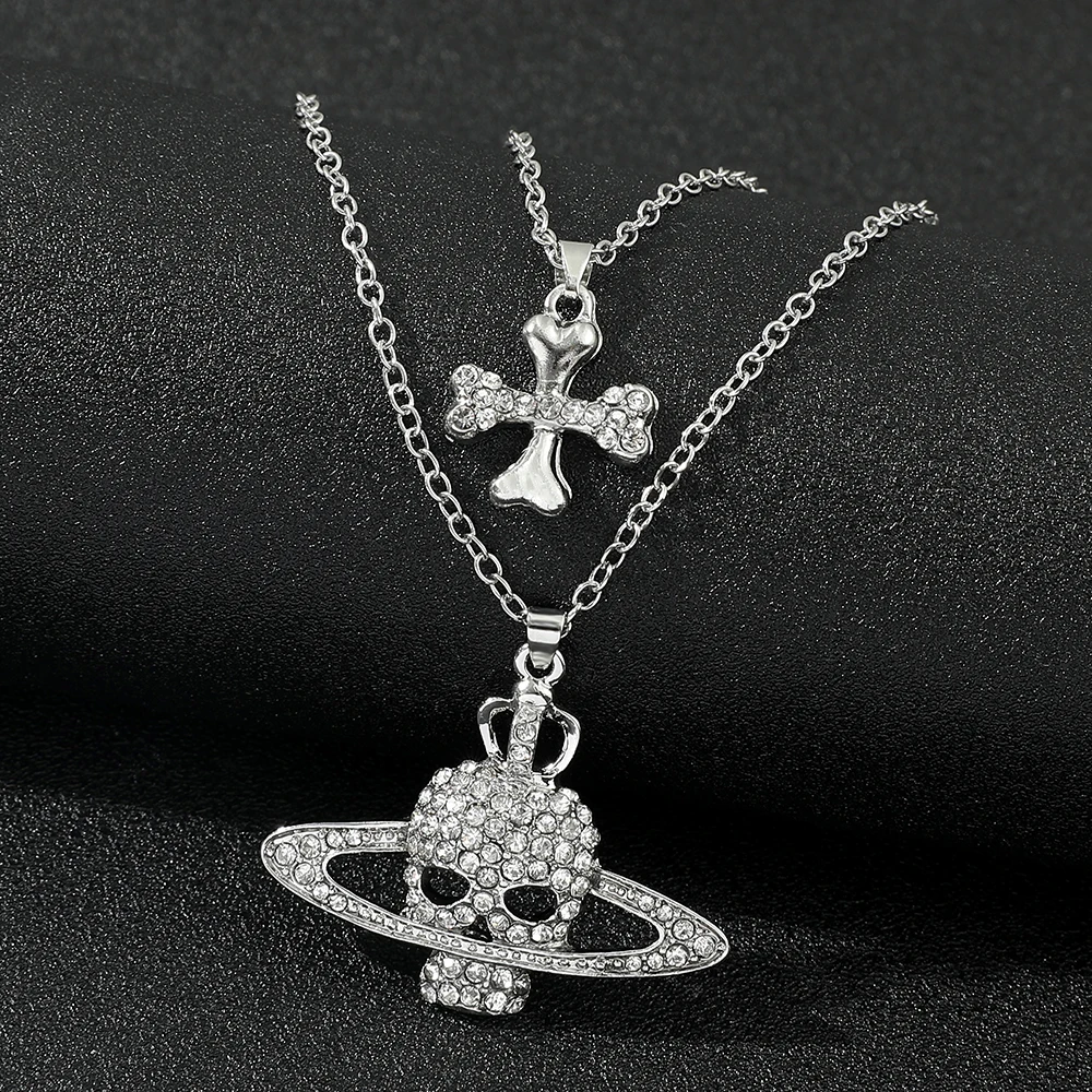 Fashion Rhinestone Skull Cross Saturn Silver Color Metal Necklace Retro Punk Women Men's Party Pendant Jewelry Accessories