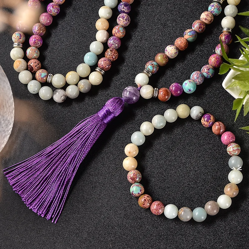 108 Natural 8mm Emperor Jasper Amazonite Stone Beaded Mala Necklace Meditation Yoga Blessing Healing Jewelry Bracelet Rosary Set