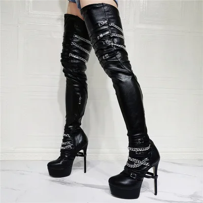 

Sexy Women Crotch Platform Boots Chains Tenis Feminino Cosplay Unisex Shoes Woman Man Super Ladies Shoes Botas Large Size 47 52