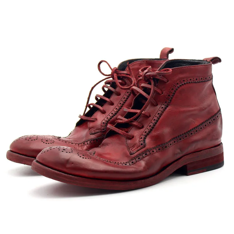 

Mens 100% Cowhide Leather Boots Runway Luxury Handmade High Quality Retro Red Masculine Boot Lace Up Safety Shoes Men Plus Size