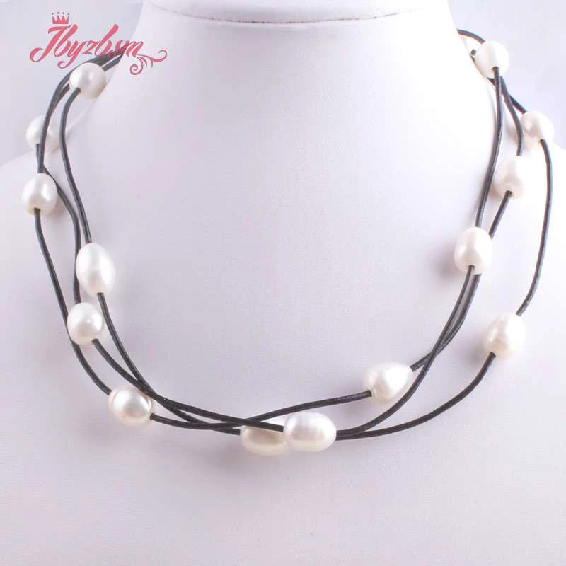 10-12mm Oval Freshwater Pearl Natural Stone Beads For Christmas New Year Gift Jewelry Leather Necklace Lobster Clasp 16\