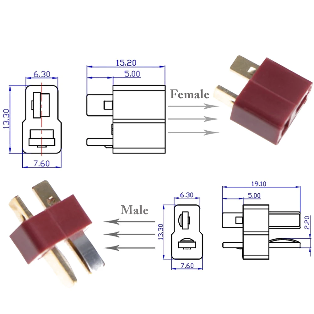 20pcs/lot T Plug Deans Connectors Male & Female DC 500V 25-50A For RC Hobby Helicopter Lipo Battery DIY Accessories Wholesale