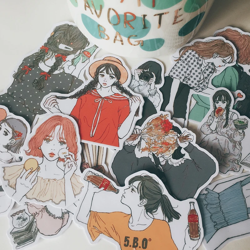 15PCS INS Wind Girl Character Adesivos Moda Wear Lady Sisters Hand Account Material Handbook Sticker Album DIY