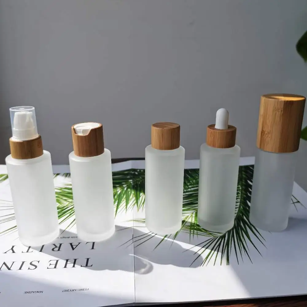 

containers for cosmetics 30ml 50ml 100ml 120ml 150m frosted glass bottle with bamboo lid travel bottle