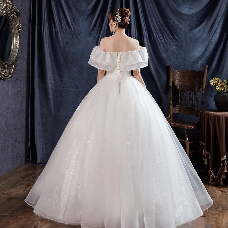 Vestido de casamento pescoço barco com lantejoulas, fora do vestido de baile ombro, renda luxo, vestido princesa, plus size