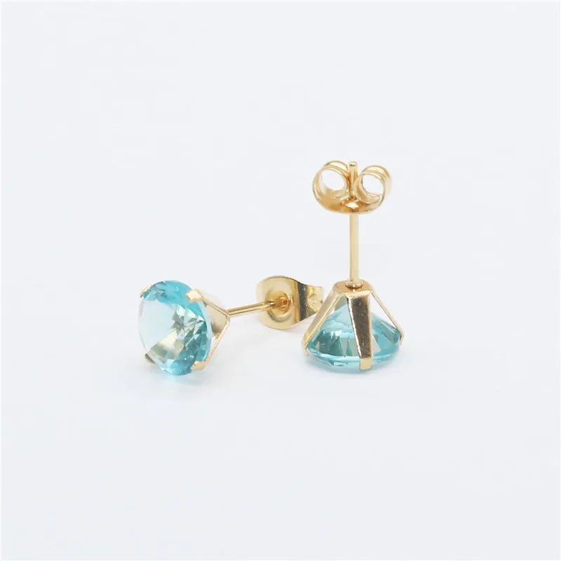 Size 3mm to 8mm 316L Stainless Steel Lake Blue Color Round Zircon Stud Earrings  No Fade Allergy Free Brief Jewelry