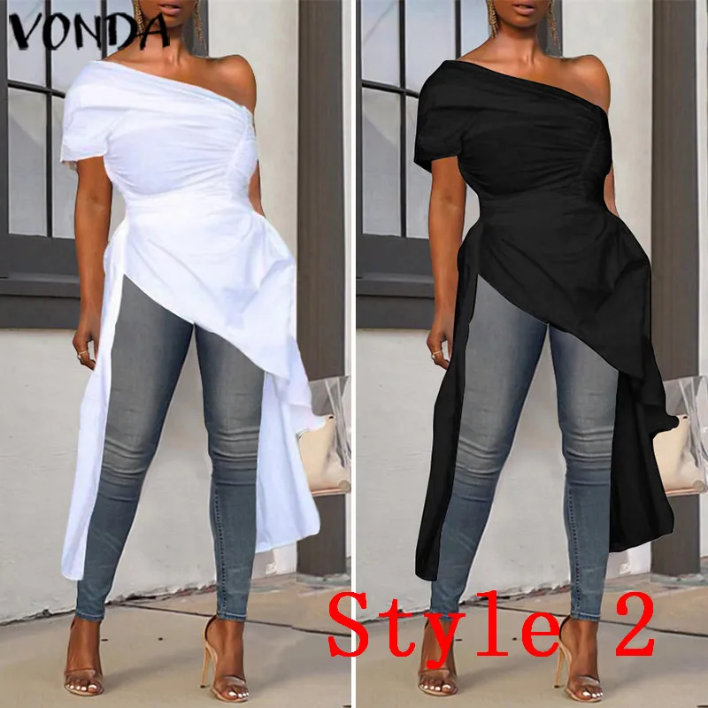 VONDA Women Asymmetrical Blouse 2023 Summer Casual Sexy Split Hem Party Tops Long Ladies Office Shirts Tunic Blusas