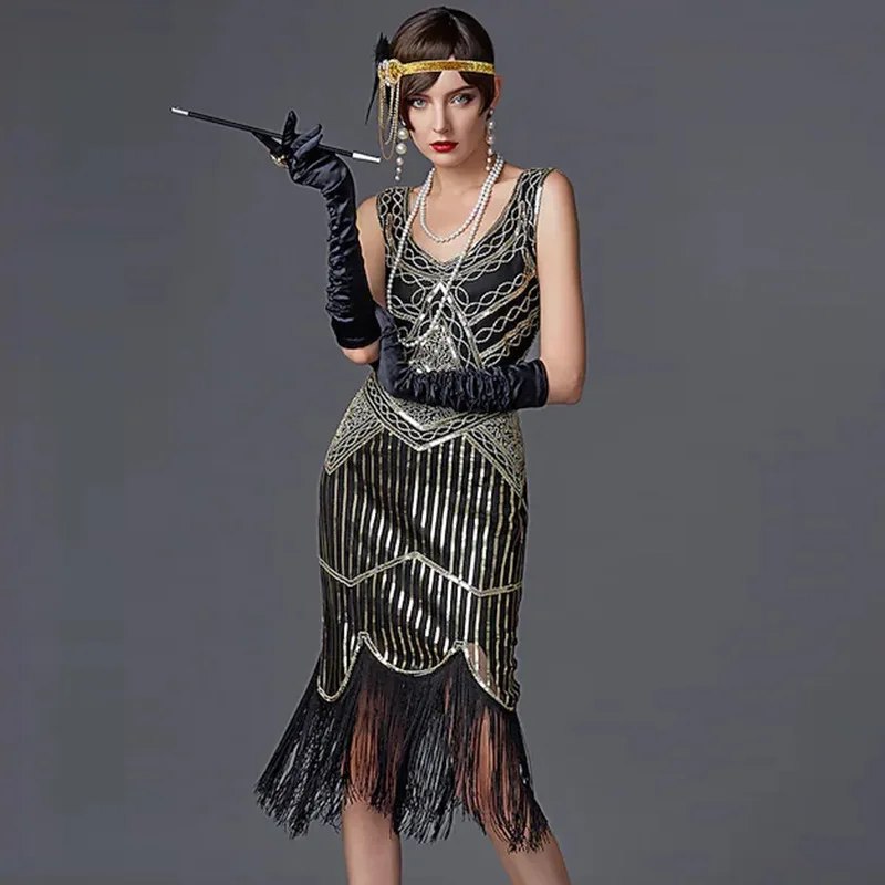 Women Party Dress 1920 s Great Gatsby Flapper Vestidos Sequin Bead Fringe Dress Evening V Neck Embellished Fringed Sleeveless