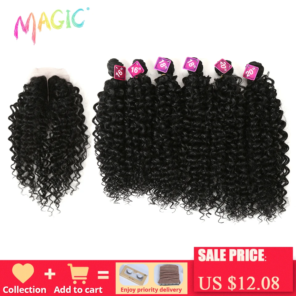 Magic Synthetic Afro Kinky Curly Hair Weave Hair 16-20 inch 7Pieces/lot Bundles With Closure African lace For Women hair Extens