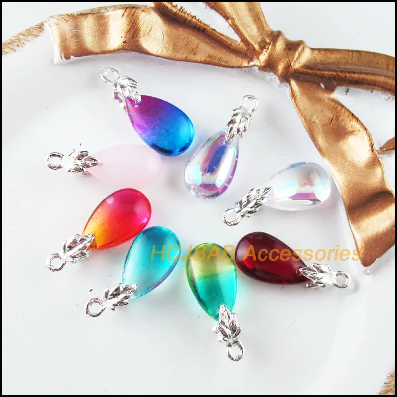 16 New Crystal Teardrop Charms Silver Plated Leaves Bail Mixed 8x21mm