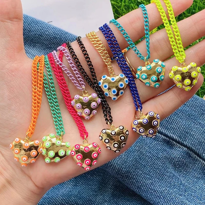Evil Eye Tropfen-Emaille-Charm, neonrosa, orange, türkis, blaues Öl, tief ausgeschnitten, echt vergoldet, Halskette, Armband, Anhänger M09 M93 – Detail 16