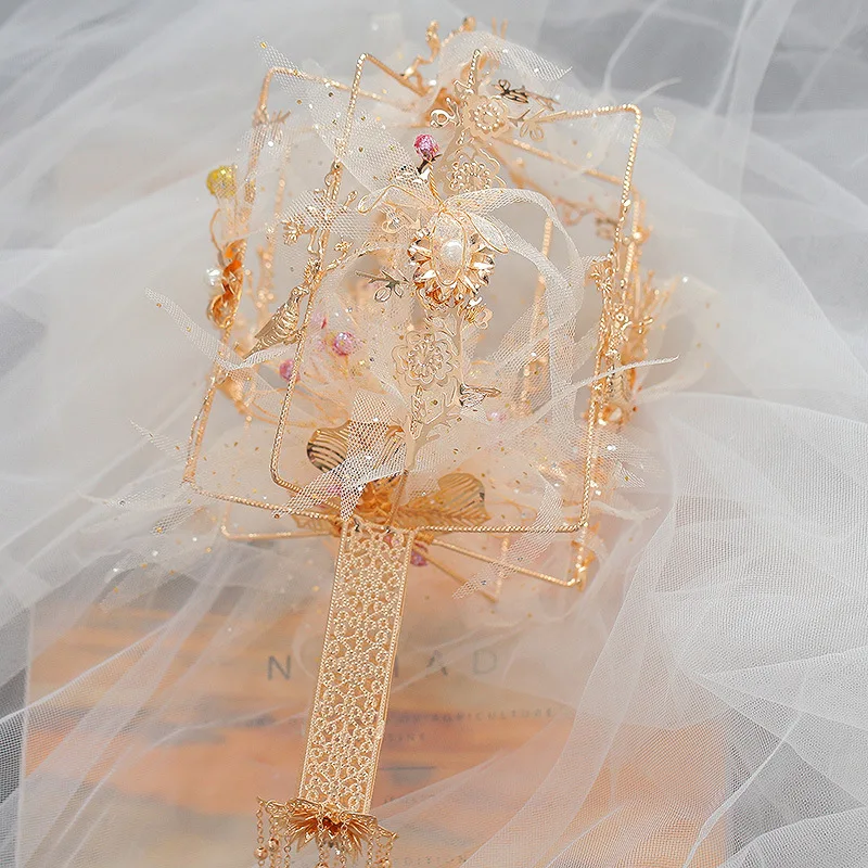 HIMSTORY Luxury Crystal Bridal Fan Cane Hand Bouquet Chinese Style Ancient Gold silk Flowers Round Wedding Bouquets Accessories