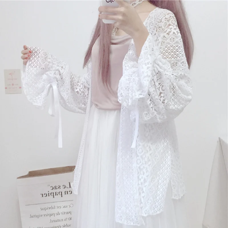 Women Cardigan Loose Lace Hollow Out Long Lantern Sleeve Summer Casual Sun-proof Outwear Girls Sweet Kawaii Korean Style Ulzzang