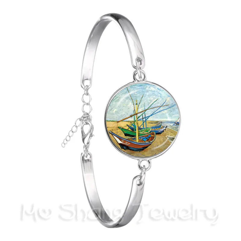 Starry Night Bracelet Van Gogh Art Picture 18mm Glass Cabochon Silver Plated Chain Bangle Fashion Trendy Jewelry For Women Gift