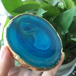 1pcs natural agate Geode piece insulated coasters crystal board jade agate coasters with gold-plated lace mineral trim