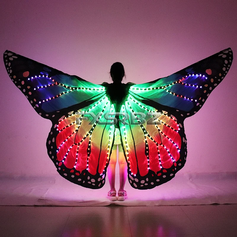 Full Color Women Belly Dance LED Wings Halloween Stage Girl LED Light Butterfly Costume Rainbow Color Dance Glowing Cloak Props