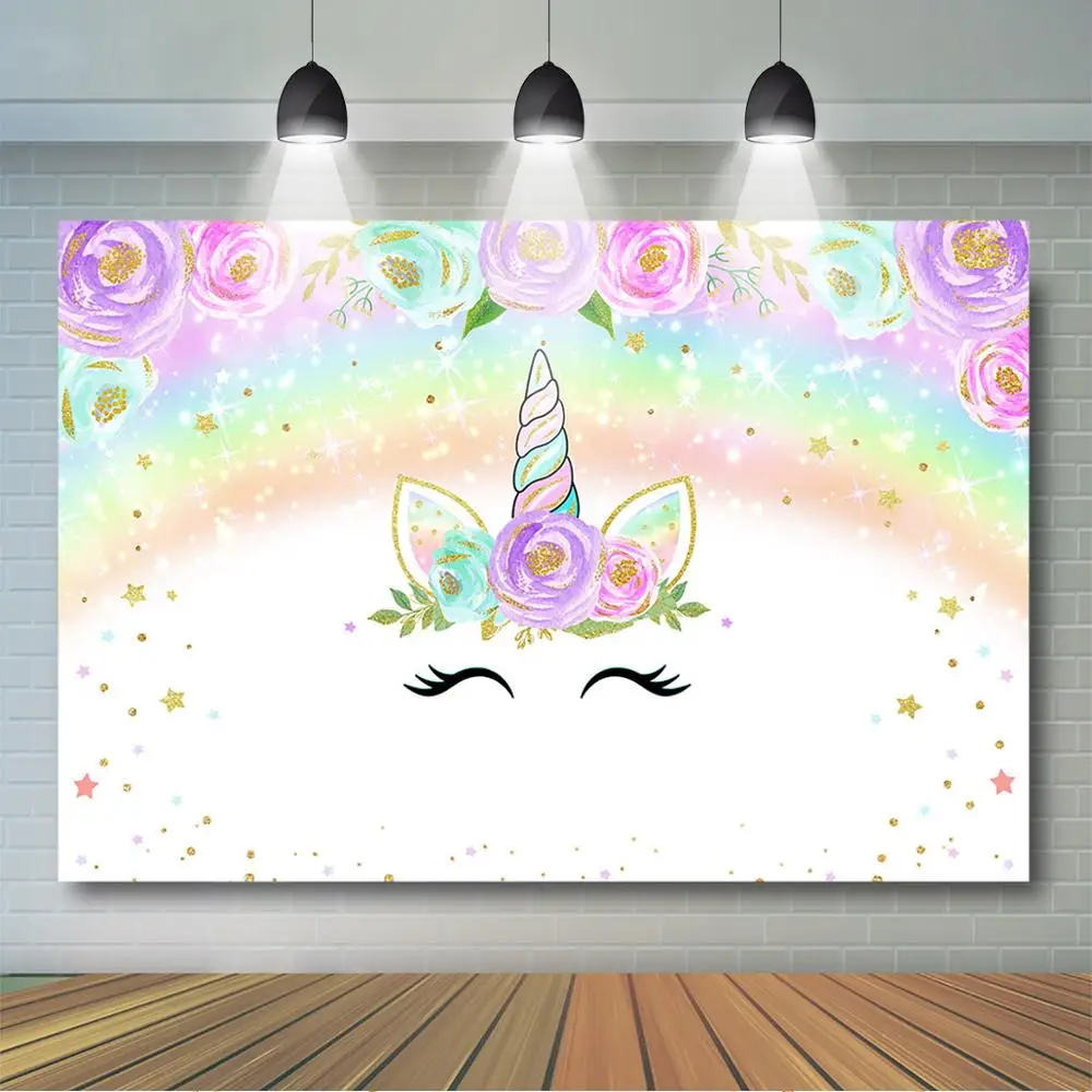 Mocsicska Unicorno Sfondo Floreale Arcobaleno Unicorno Sfondo fotografico Decorazioni per feste di compleanno per bambini Sfondo fotografico personalizzato