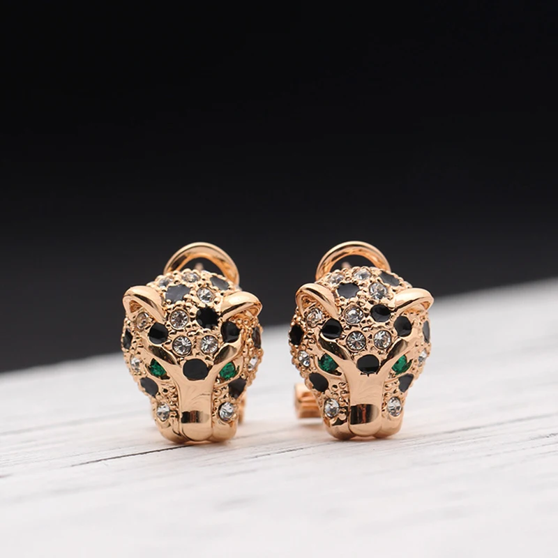 Leopard stud earrings for women black white zircon stone gold plated cool animal clip on earring without piercing no hole