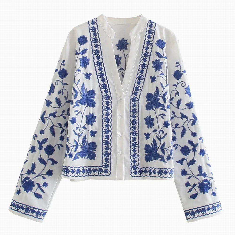 Embroidery Cotton Shirt Women Spring 2022 New Fashion Long Sleeve Top Clothes Blue and White Porcelain Floral Blouse