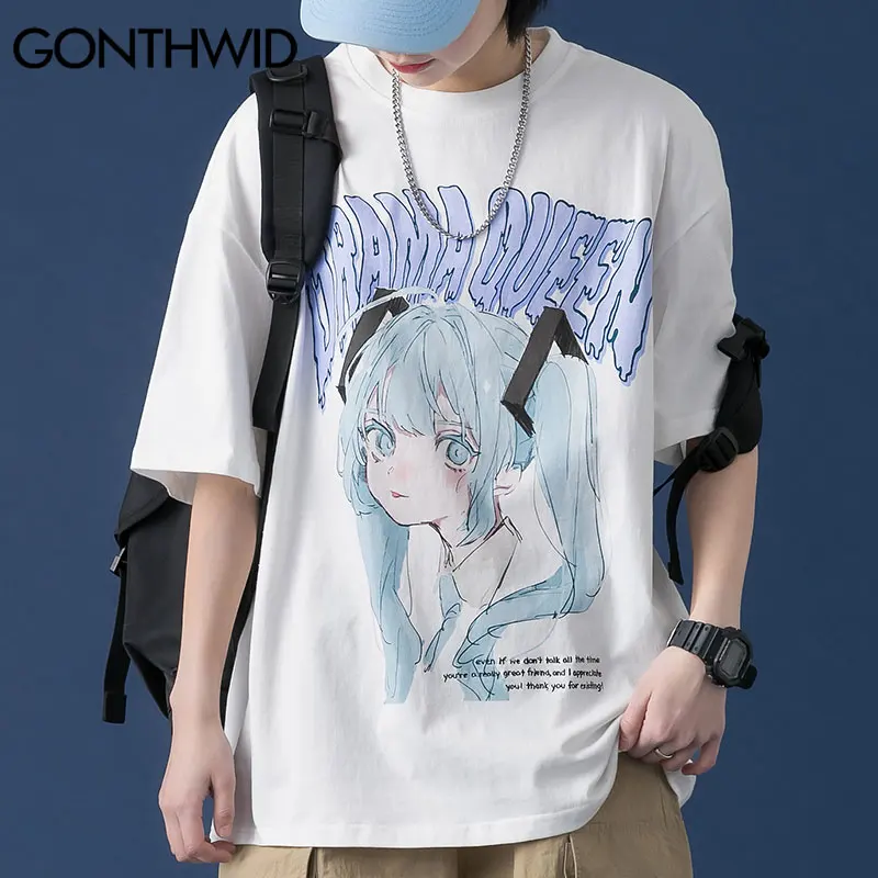 GONTHWID Tshirts Streetwear Japanese Anime Cartoon Girl Print T-Shirt Harajuku Hip Hop Hipster Casual Summer Loose Tees Tops