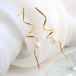 Real 925 Sterling Silver Inlaid Natural Freshwater Pearl Earrings Fashion 18K Gold Plated Women Wedding Party Fine Jewelry Gift