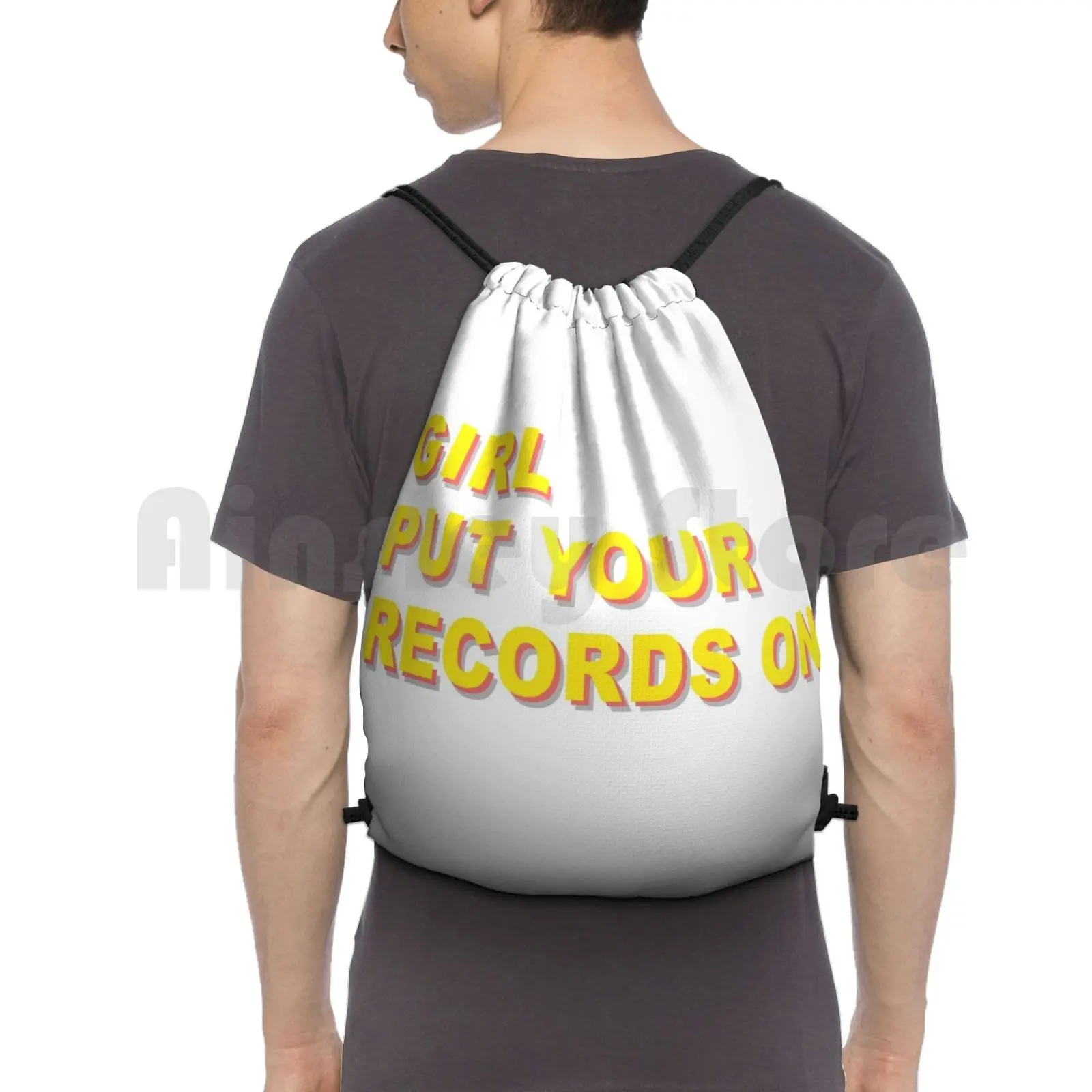 Girl Put Your Records On Backpack Drawstring Bag Riding Climbing Gym Bag Records Music Vinyl 80s Bold Text