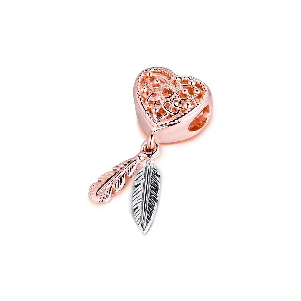 

Openwork Heart & Two Feathers Dreamcatcher Charm for Bracelets Women Charms New Arrival diy 925 Sterling Silver Pendant