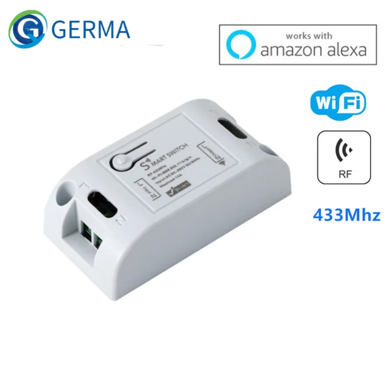 

GERMA RF Wifi 433MHz 10A/2200W Wireless Remote Switch ON/Off Delay Smart Home Light APP Controller For Google Home Alexa