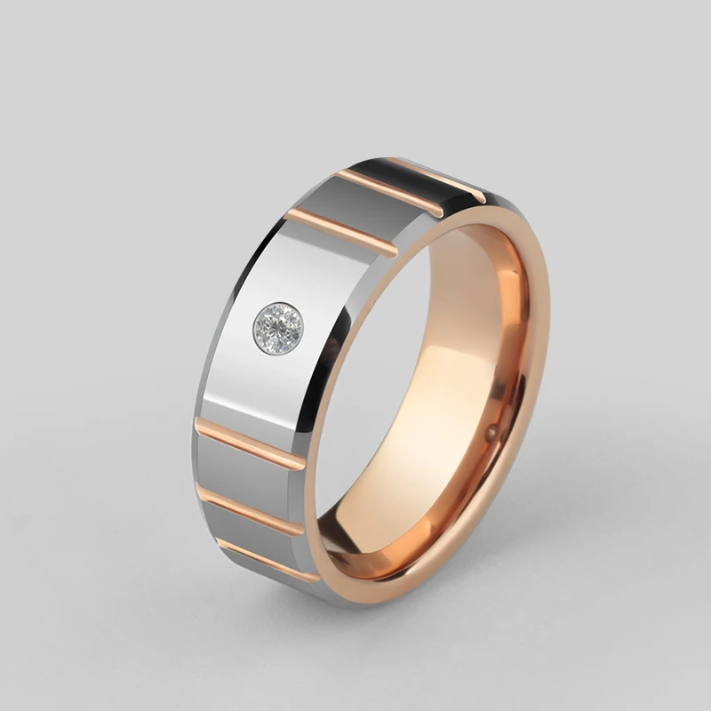 

2021 8MM Width Women Rings with Stone Tungsten Carbide Wedding Band High Polished Silver/ Rose Gold Plating Groove Size 6-13