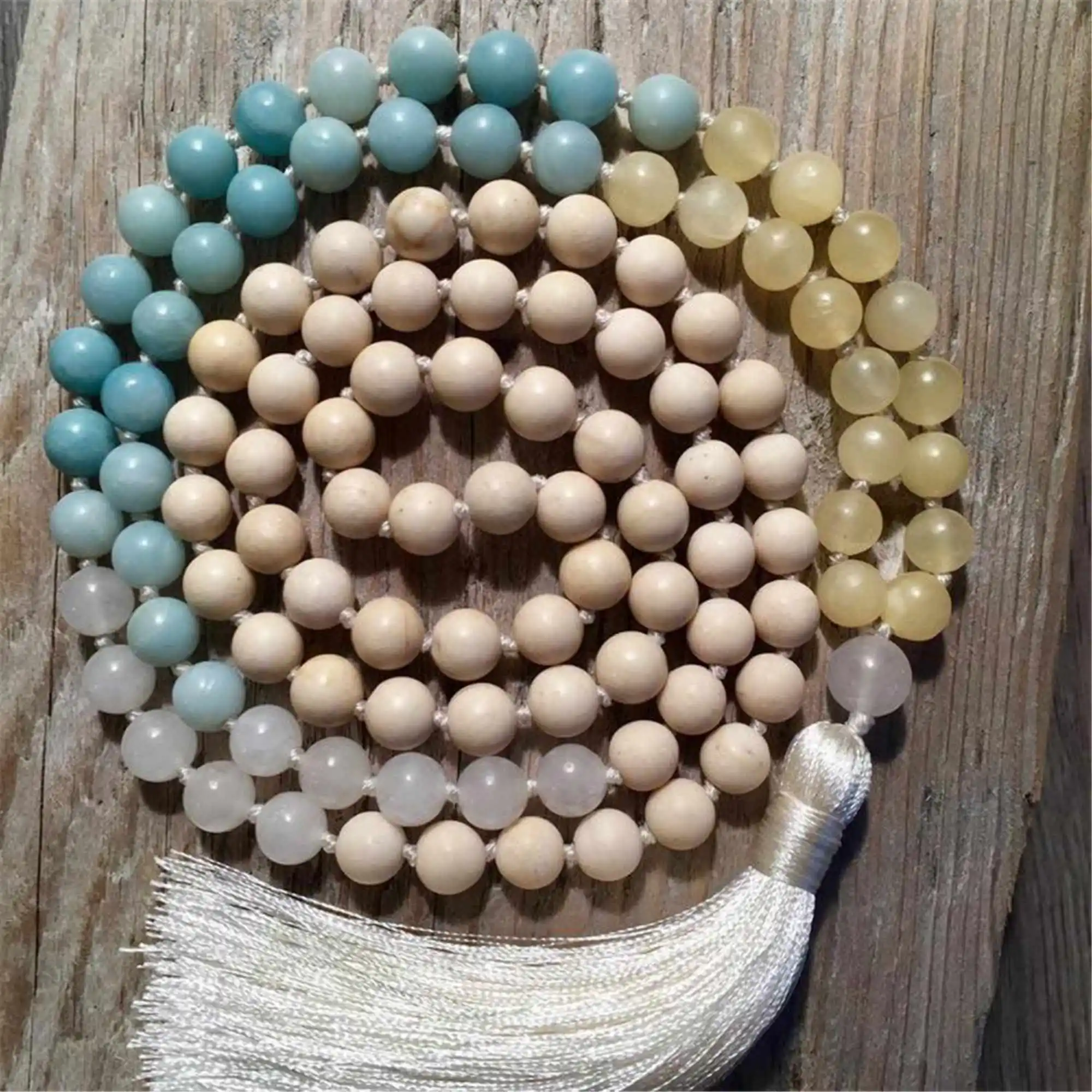 8mm Amazonium Quartz Jade Necklace 108 Buddha Beads Bracelet Crystal Tranquility Meditation Pendant Bridal Women Bohemian Mala