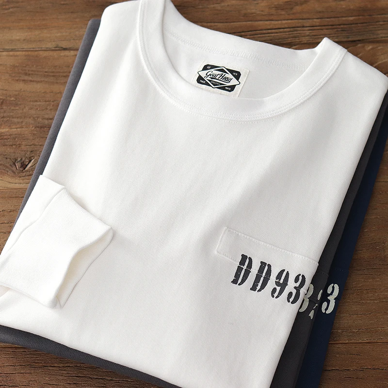 

Spring and Autumn American Retro 300g Heavyweigt Long Sleeve Letters Printed T-shirt Men's Pure Cotton Round Neck Casual Tops