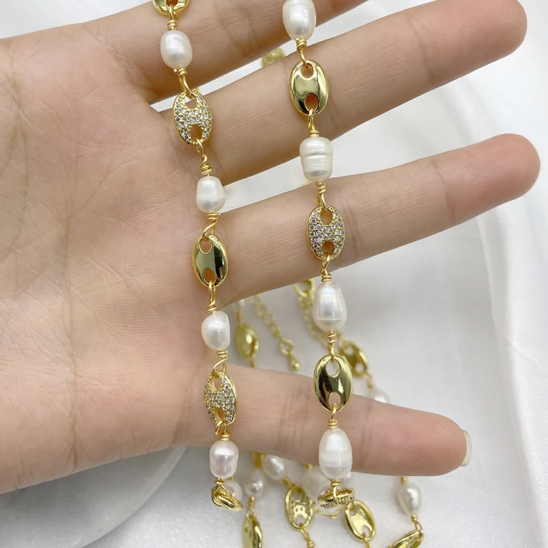 

Factory Direct Meters Bulk Sale Zircon Cover Natural Freshwater Pearl Pig Nose Roll Chains