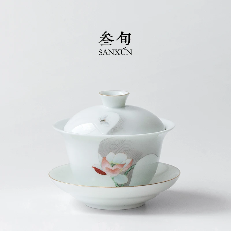 |ten-day qing lotus three tureen ceramic cups tea bowl of kung fu tea set manually shadow celadon tureen ink and wind