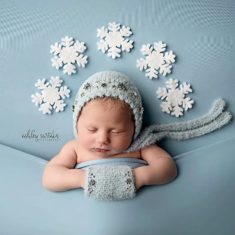 Newborn Photography Accessories Christmas Handmade Beaded Snowflake Hat Wrap Set Baby Girl Photo Props Backdrop Basket Blanket