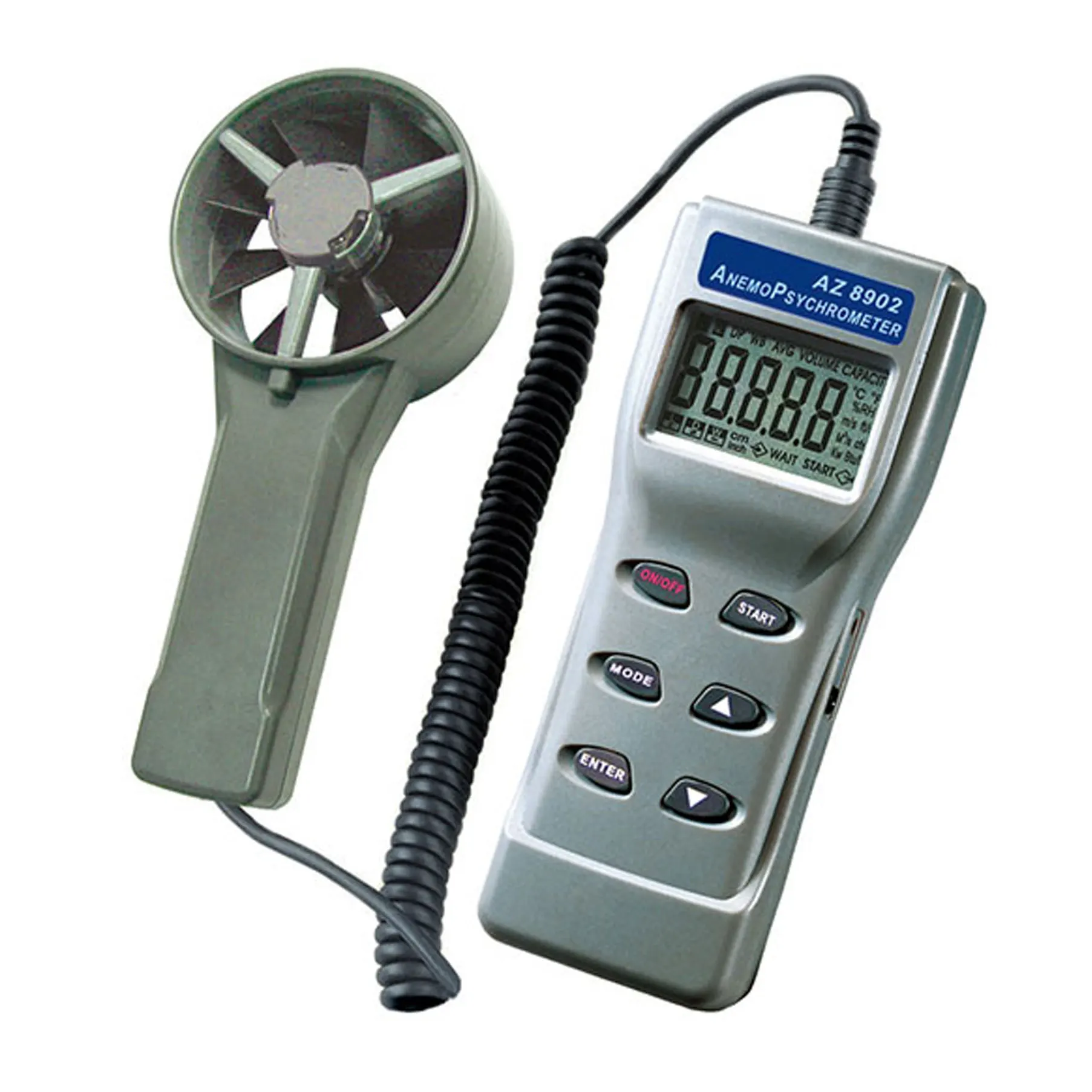 Anemometer AZ8902 Temperature and Relative Humidity Fan Air Flow Meter Barometric Pressure Meter Wind Speed Meter 0.6~32 m/s