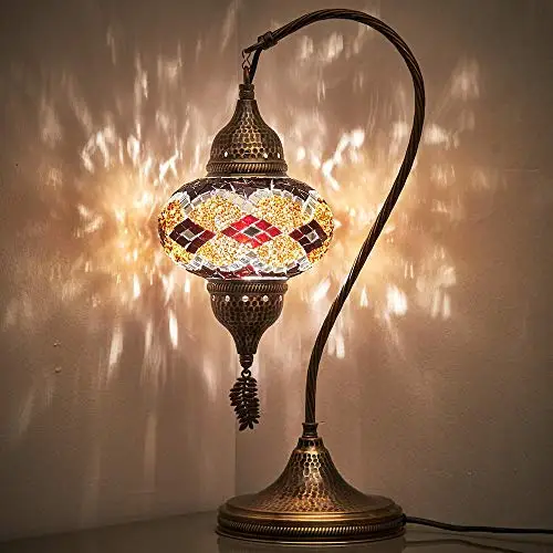 LaModaHome Handmade Turkish Moroccan Colorful Mosaic Glass Antique Table Bedside Lamp Lampshade, 18.8 