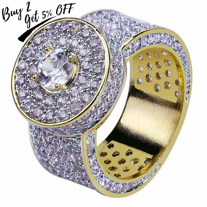 TOPGRILLZ Gold Color All Iced Out Big Stone Micro Pave Cubic Zircon Ring 7 8 9 10 11 Five Sizes Rings Hip Hop Jewelry For Male
