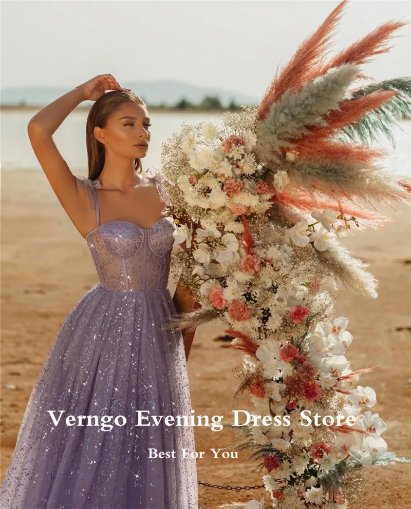 Verngo Elegant Lavender Glitter Long Prom Dresses Straps Tied Sweetheart Corset A Line Evening Gowns 2023 Special Occasion Dress