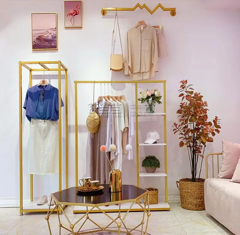 Clothing rack floor type display rack simple side shelf shop display shelf gold women's clothes rack