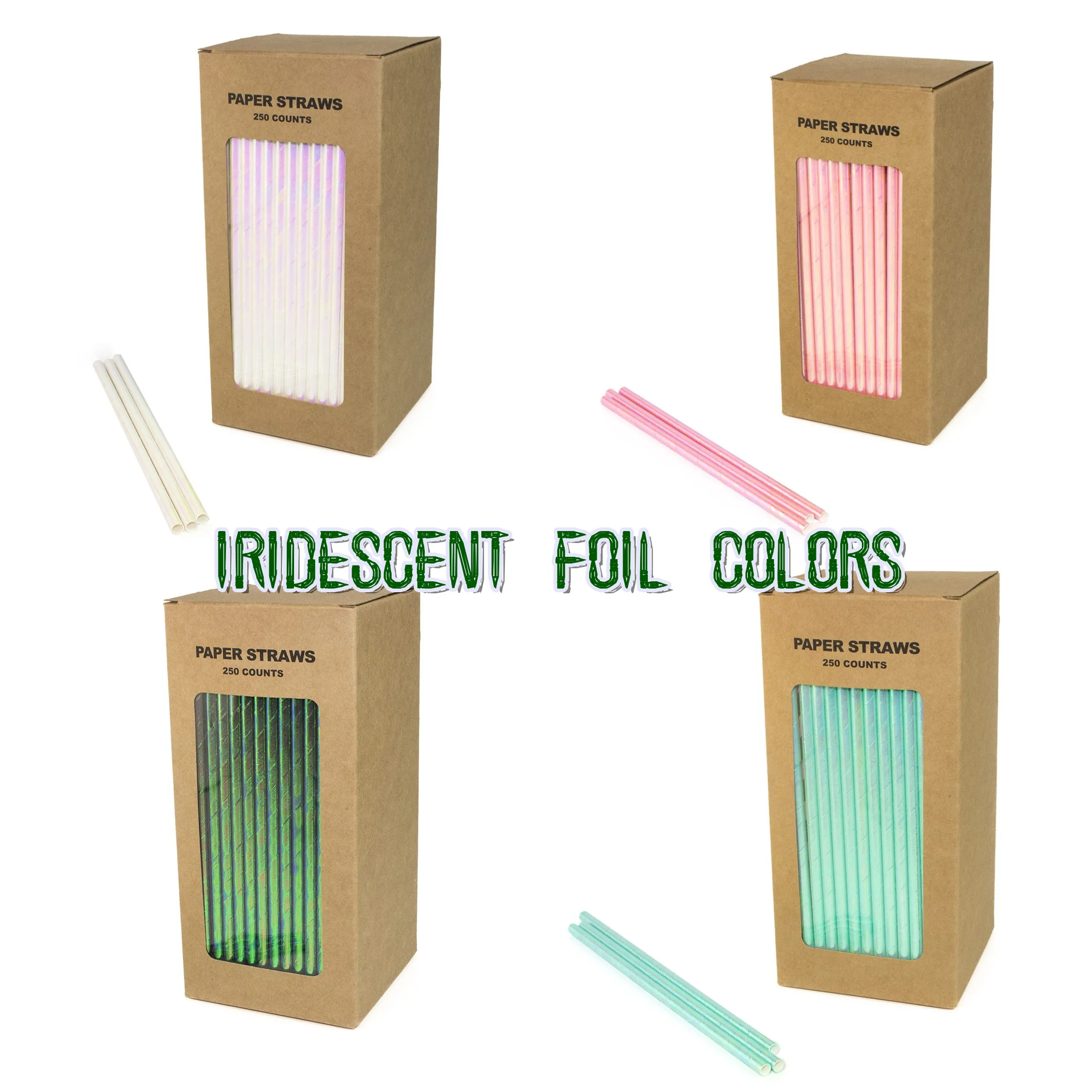 

250 Pcs/box Iridescent Paper Straws Bulk-Foil Pink Green Aqua Mint White Rainbow Unicorn Mermaid Wedding Party Drinking Pearl