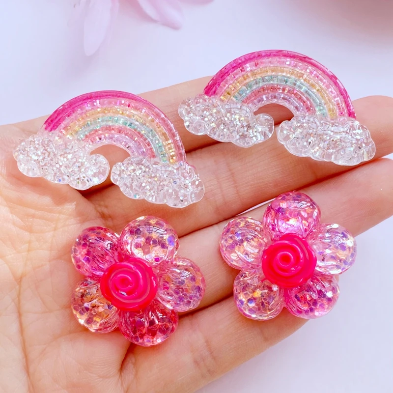 10Pcs New Cute Mixed Shining Rainbow / Flower Flat back Resin Cabochons Scrapbooking DIY Jewelry Craft Decoration Accessorie