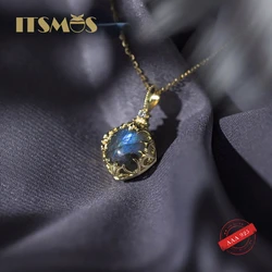 ITSMOS Natural Labrador Pendant Necklace Gold Crystal Noble Large Blue Female Elegant Retro for Women