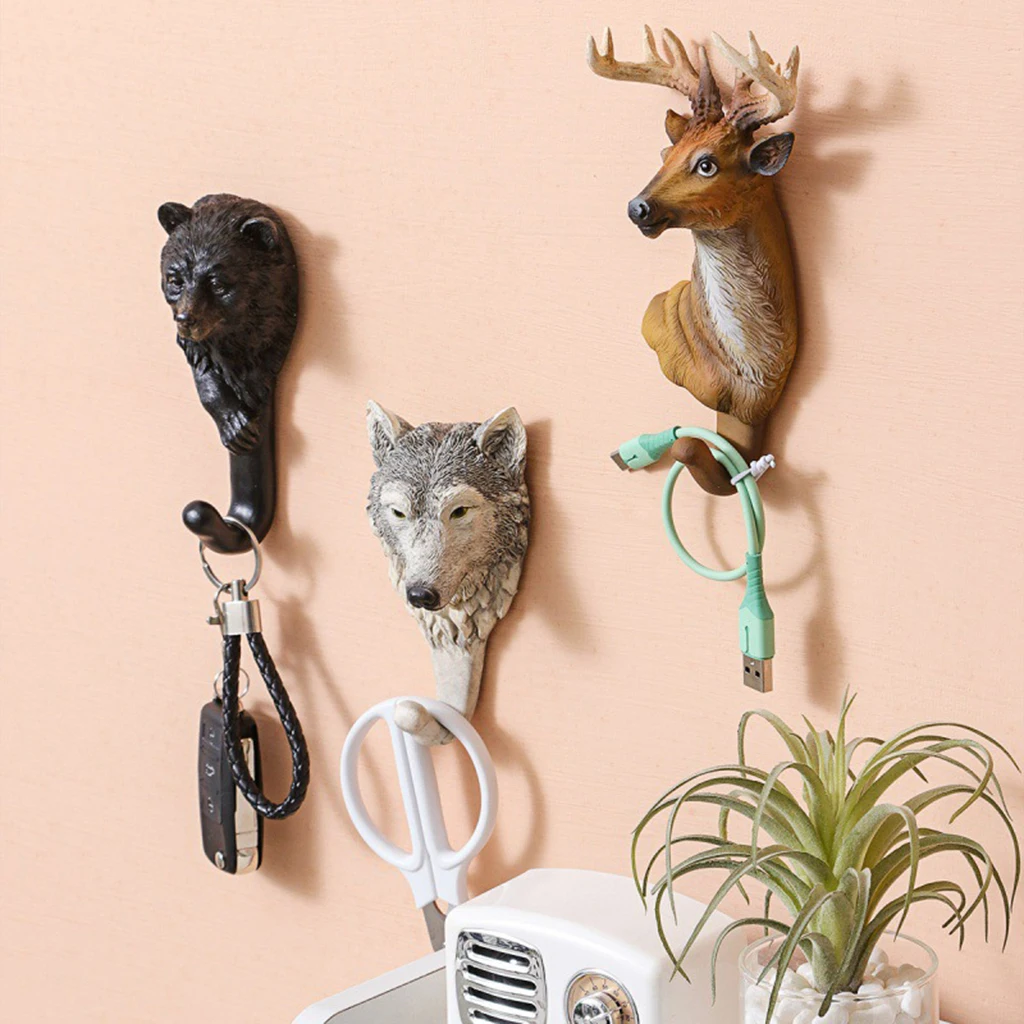 Resin Animal Wolf Bear Deer Head Wall Hanging Hook Coat Rack Home Decor