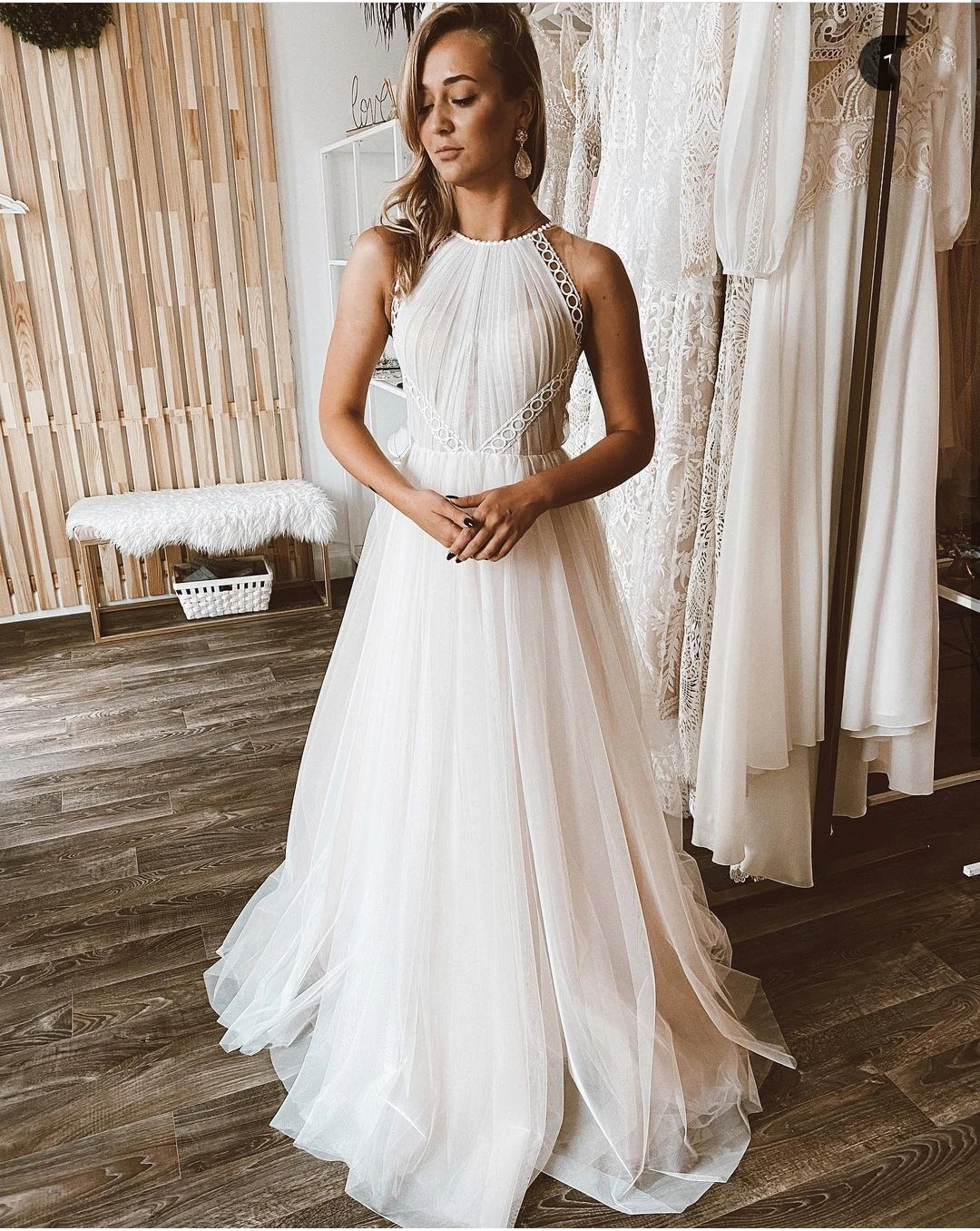 Robe de Mariée Trapèze en Fibtulle pour Femme, Tenue de Style Boho, avec des Appliques en Dentelle Plissée Blanche, pour les Patients, Quelle que soit la Cour