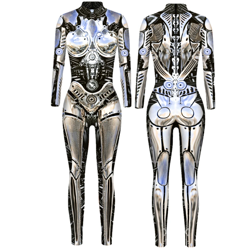 Roboter Punk Skelett Cyberpunk Steampunk Sexy Slim Overall Catsuit Cosplay Kostüme Zentai Frauen Bodysuit Kostüm Halloween