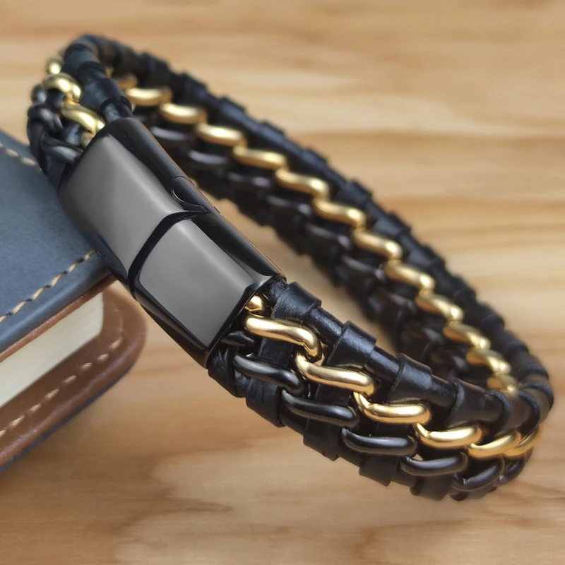 Bracelet à chaîne en cuir véritable pour homme, fermoir magnétique en acier inoxydable plaqué or, bijoux exclusif, cadeau, vente en gros