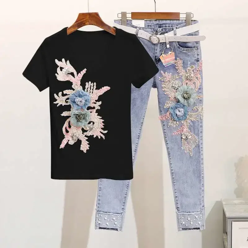 One-Piece/Set 2023 Summer New Women Denim Pants Beaded Embroidery Short-Sleeved + Small Feet Hole Jeans Female Two-Piece Suit425