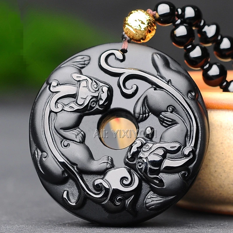 

Beautiful Chinese Handwork Natural Black Obsidian Carved PiXiu Round Buckle Lucky Pendant +Beads Necklace Fashion Jewelry